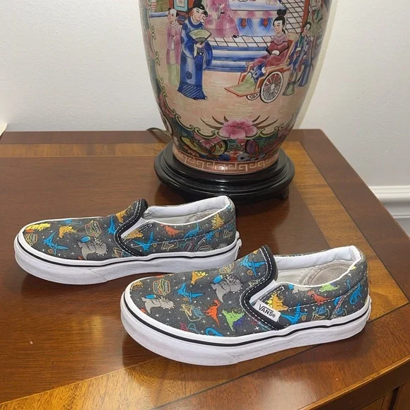 VANS Dino Diner Dinosaur Space Print Canvas Slip Ons Kids Sz. 13.5 - GUC! - Picture 5 of 6